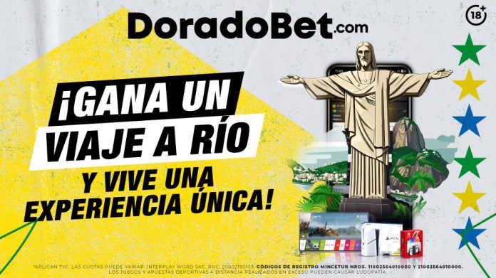 Sorteo de casino en DoradoBet Perú con premios como un viaje a Río de Janeiro, dinero en efectivo y productos tecnológicos. ¡Juega y gana!