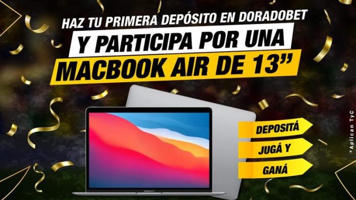 Participa en el Sorteo Primer Depósito Ganador de Doradobet y gana un MacBook Air de 13 pulgadas realizando tu primer depósito en apuestas deportivas o casino online en Guatemala durante enero 2026.