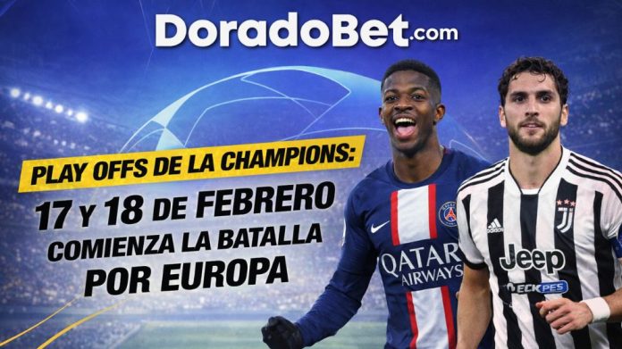 Partidos del playoff de la Champions League 2026 con cruces destacados como Benfica vs Real Madrid y PSG vs Monaco.