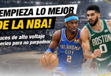 NBA Playoffs 2026 con jugadores en acción durante un partido decisivo