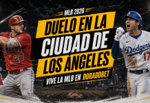 Jugadores de Dodgers y Angels durante una serie MLB 2026. Desde Panamá realiza apuestas deportivas.