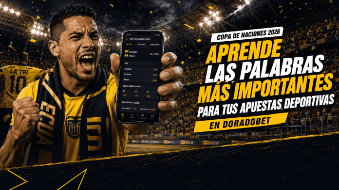 Apostador ecuatoriano revisando mercados de apuestas deportivas en su celular durante el torneo internacional de fútbol 2026, con una interfaz de DoradoBet visible y la camiseta de La Tri al fondo.