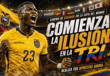 Comienza el sueño de la Tri en la copa de naciones 2026 Aficionados de la selección ecuatoriana celebrando con la camiseta de La Tri, con una pantalla de fondo mostrando la tabla del Grupo E del torneo 2026 con Ecuador, Alemania, Costa de Marfil y Curazao.