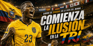 Comienza el sueño de la Tri en la copa de naciones 2026 Aficionados de la selección ecuatoriana celebrando con la camiseta de La Tri, con una pantalla de fondo mostrando la tabla del Grupo E del torneo 2026 con Ecuador, Alemania, Costa de Marfil y Curazao.