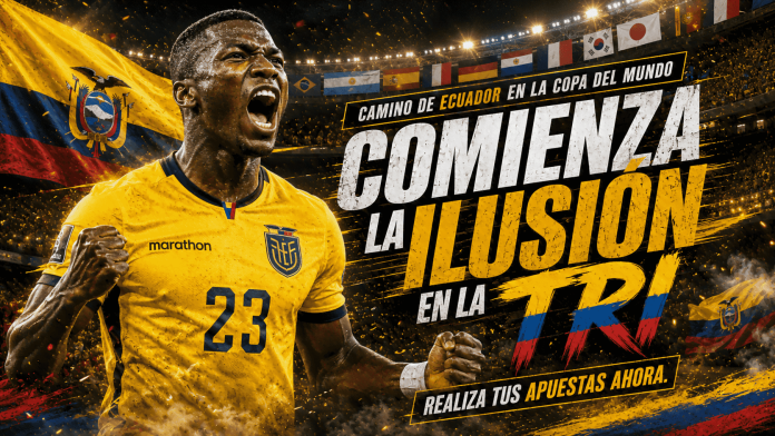 Aficionados de la selección ecuatoriana celebrando con la camiseta de La Tri, con una pantalla de fondo mostrando la tabla del Grupo E del torneo 2026 con Ecuador, Alemania, Costa de Marfil y Curazao.
