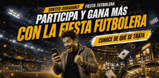 Fiesta del Fútbol en DoradoBet Ecuador con premios semanales, apuestas deportivas, casino online y fanáticos celebrando un partido.
