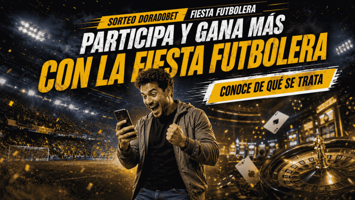 Fiesta del Fútbol en DoradoBet Ecuador con premios semanales, apuestas deportivas, casino online y fanáticos celebrando un partido.
