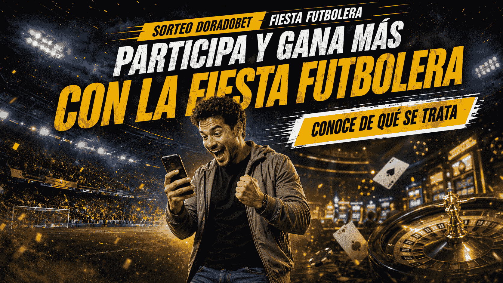 Fiesta del Fútbol en DoradoBet Ecuador con premios semanales, apuestas deportivas, casino online y fanáticos celebrando un partido.