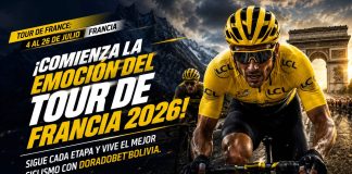 Ciclistas compitiendo en el Tour de Francia 2026 durante una etapa del recorrido con los principales favoritos en DoradoBet Bolivia.