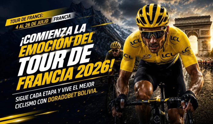 Ciclistas compitiendo en el Tour de Francia 2026 durante una etapa del recorrido con los principales favoritos en DoradoBet Bolivia.