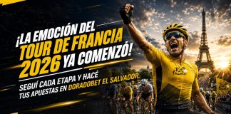 Ciclistas durante una etapa del Tour de Francia 2026 compitiendo por el maillot amarillo en DoradoBet El Salvador.