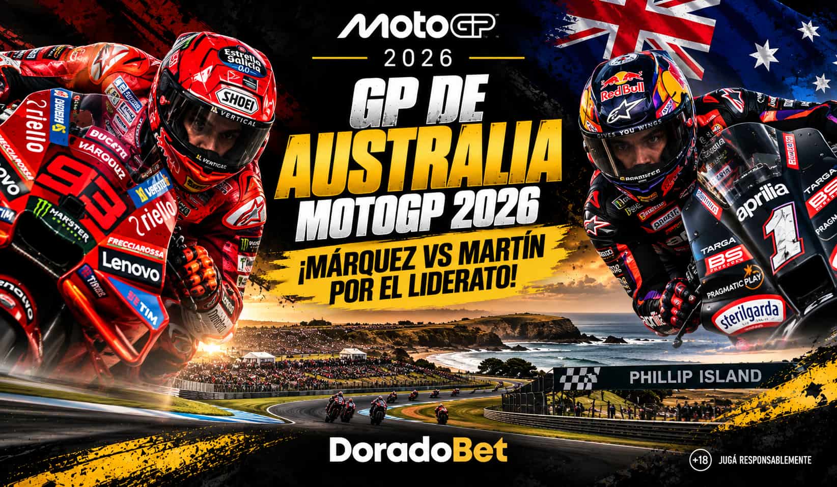 GP de Australia MotoGP 2026 en Phillip Island: Marc Márquez vs Jorge Martín y apuestas con DoradoBet Honduras