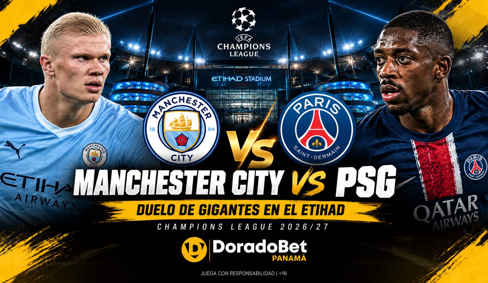 Manchester City vs PSG 2026 por la Champions League con DoradoBet Panamá
